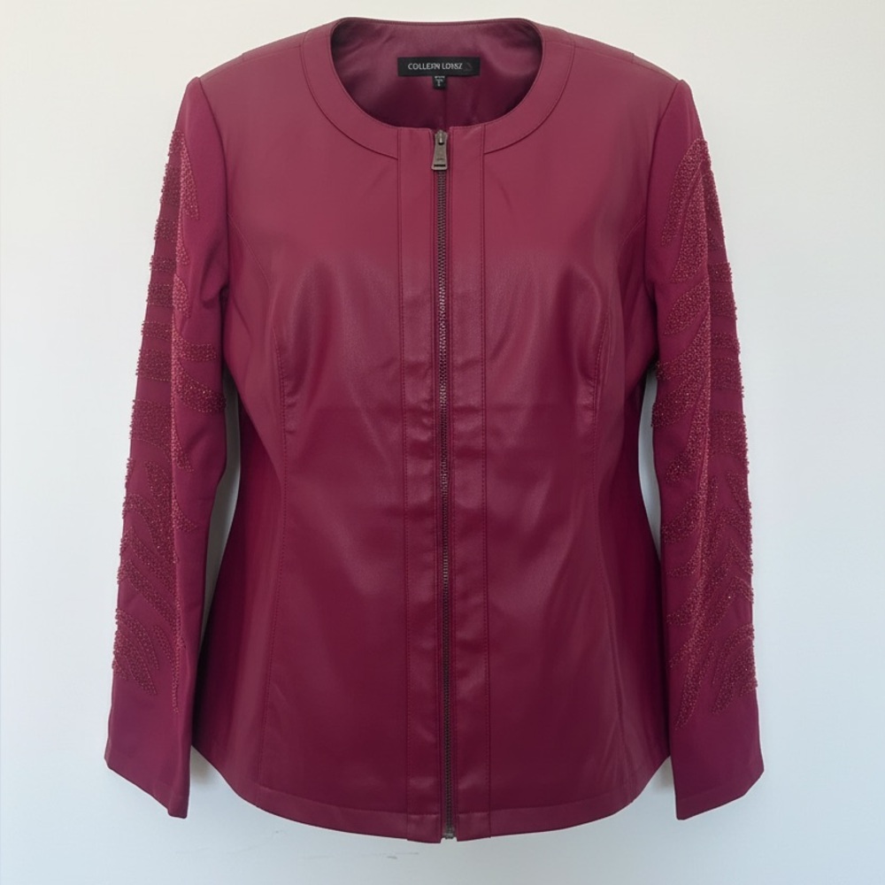 Faux Leather Jacket w/sleeve beaded embroidery - Size Large by Colleen Lopez